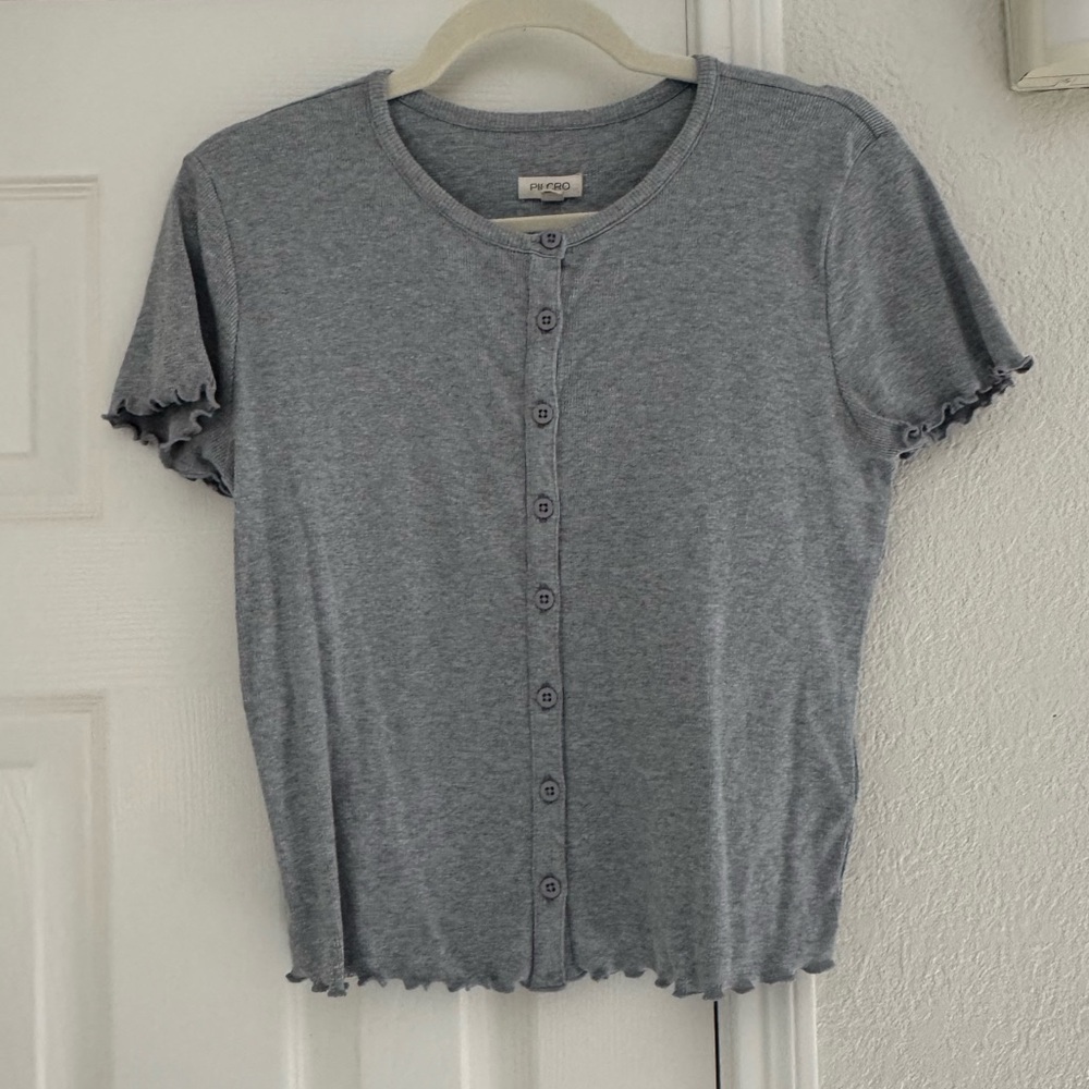 Pilcro Lettuce Hem Button Front Shirt